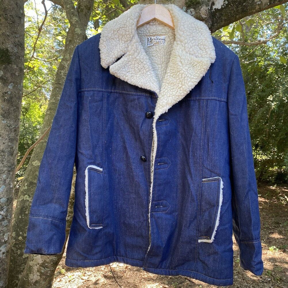 Men's RARITAN SPORTSWEAR Vintage 1970s Denim Trucker Sherpa Lined Jacket Size 40